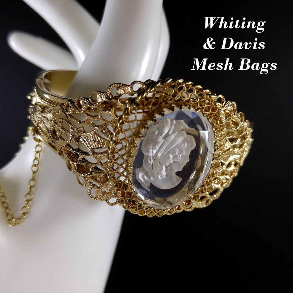 Vintage Whiting & Davis Cameo Hinged Bracelet Gold Plate